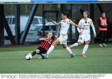 20151007, Vantaa, Finland. Women s Champions League football match PK-35 Vantaa vs FC Roseng?rd at Myymaki Stadium in Vantaa, Fniland. In picture PK-35 Sanna Saarinen and FC Roseng?rd Alexandra Riley and Lina Nilsson. Jarno Kuusinen All Over Press FINLAND OUT 1.03555934