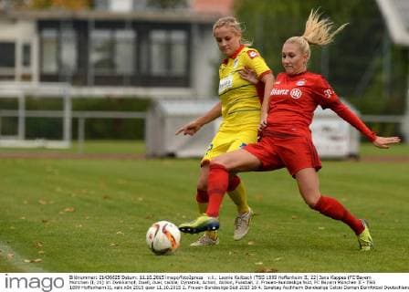 v.li.: Leonie Keilbach (TSG 1899 Hoffenheim II, 22) Jana Kappes (FC Bayern München II, 20) im Zweikampf, Duell, duel, tackle, Dynamik, Action, Aktion, Fussball, 2. Frauen-Bundesliga Süd, FC Bayern München II - TSG 1899 Hoffenheim II, xslx