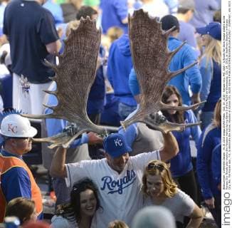 Oct. 14, 2015 - Kansas City, MO, USA - A Royals fan dons moose antlers as the Kansas City Royals play host to the Houston Astros during Game 5 of the ALDS on Wednesday, Oct. 14, 2015, at Kauffman Stadium in Kansas City, Mo. The Royals won, 7-2, to eliminate the Astros. Houston at Kansas City, ALDS Game 5 - ZUMAm67_