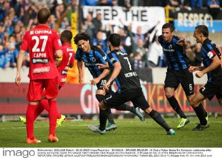 20151018 - BRUGGE;BELGIUM: 18 Club s Felipe Gedoz Da Conceicao celebrates after scoring during the Jupiler Pro League match between Club Brugge and KV Oostende, in Brugge on day 11 of the Belgian soccer Championship. REPORTERS VIRGINIE LEFOUR xxLEFOUR