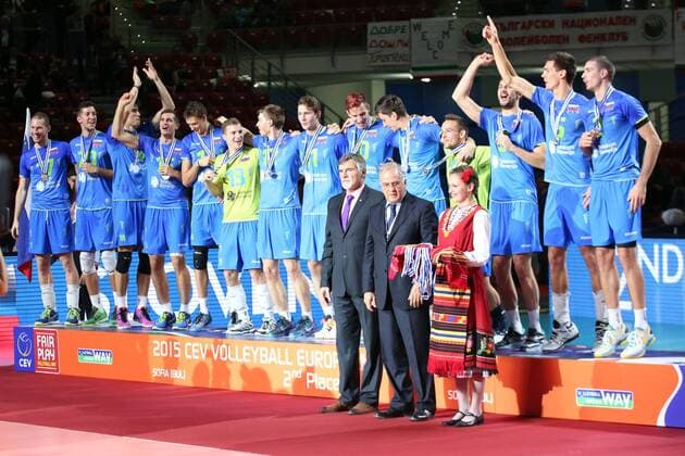 18.10.2015 SOFIA - VOLLEYBALL , ( 2015 CEV VOLLEYBALL European Championship EM Europameisterschaft - MEN FINAL , Final Game SLOVENIA), FINAL MATCH SLOWENIA, Pictured: TIMO URNAUT , UROS PAVLOVIC , KLEMEN CEBULJ , GREGOR ROPRET ,JAN POKERSNIK , JANI KOVACIC , JAN KOLBUCAR , DANIJEL KONCILJ JAN KOZAMERNIK ,DEJAN VINCIC , MIHA PLOT , MITJA GASPARINI , ALEN SKET , ALEN PAJENK - JAKUBxPIASECKI --- Newspix.pl 20151018CSJP3110