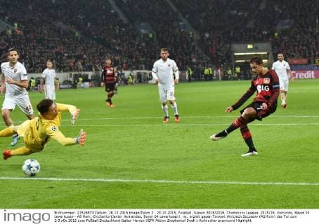 20.10.2015, Fussball, Saison 2015 2016, Champions League, 2015 16, Vorrunde, Bayer 04 Leverkusen - AS Rom, Chicharito (Javier Hernandez, Bayer 04 Leverkusen), re., erzielt gegen Torwart Wojciech Szczesny (AS Rom) das Tor zum 2:0