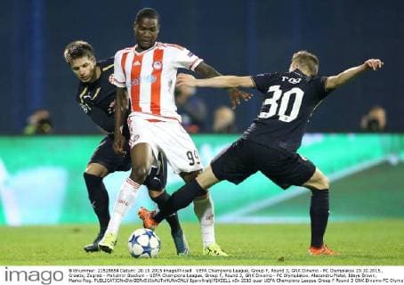 UEFA Champions League, Group F, Round 3, GNK Dinamo - FC Olympiakos 20.10.2015., Croatia, Zagreb - Maksimir Stadium - UEFA Champions League, Group F, Round 3, GNK Dinamo - FC Olympiakos. Alexandru Matel, Ideye Brown, Marko Rog. IgorxKralj PIXSELL