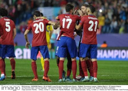 Fußball, Champions League, Atletico Madrid - FK Astana Atletico de Madrid Forward, Jackson Martinez - JACKSON MARTINEZ, number 11 celebrates after scoring a goal (2,0). Atletico de Madrid Midfielder, Tiago Cardoso Mendes - TIAGO, number 5. Atletico de Madrid Midfielder, Saul Niguez Esclapez - SAUL, number 17. Atletico de Madrid Defender, Juan Francisco Torres Belen - JUANFRAN, number 20. Atletico de Madrid Midfielder, Yannick Ferreira Carrasco - YANNICK CARRASCO, number 21. Round 3 of the CHAMPIONS league soccer match between Atletico de Madrid - Astana at the Vicente Calderon estadium Madrid - Spain by October 21 2015.