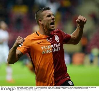 UEFA Champions League Group C football match between Galatasaray and Benfica at Turk Telekom Arena in Istanbul, Turkey, 21 October 2015. Final Score: Galatasaray 2 - Benfica 1 Pictured: Lukas Podolski of Galatasaray .