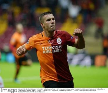 UEFA Champions League Group C football match between Galatasaray and Benfica at Turk Telekom Arena in Istanbul, Turkey, 21 October 2015. Final Score: Galatasaray 2 - Benfica 1 Pictured: Lukas Podolski of Galatasaray .