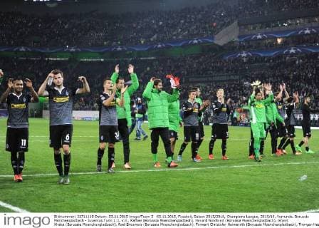 03.11.2015, Fussball, Saison 2015 2016, Champions League, 2015 16, Vorrunde, Borussia Mönchengladbach - Juventus Turin 1:1, v.li., Raffael (Borussia Moenchengladbach), Havard Nordtveit (Borussia Moenchengladbach), Granit Xhaka (Borussia Moenchengladbach), Roel Brouwers (Borussia Moenchengladbach), Torwart Christofer Heimeroth (Borussia Moenchengladbach), Thorgan Hazard (Borussia Moenchengladbach), Oscar Wendt (Borussia Moenchengladbach)