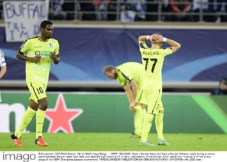 - GENT, BELGIUM: Gent s Renato Neto and Gent s Danijel Milicevic react during a soccer game between Belgian team KAA Gent and Spanish club Valencia CF in Gent, Wednesday 04 November 2015, game four in group H of the group stage of the UEFA Champions League tournament. YORICKxJANSENS x04733480x