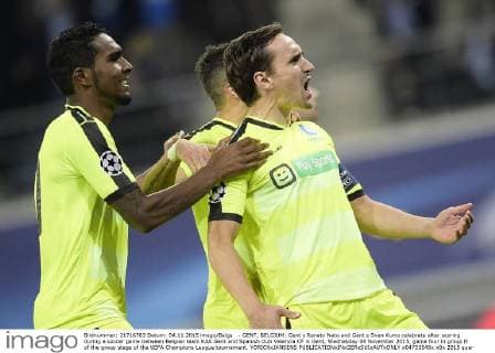 - GENT, BELGIUM: Gent s Renato Neto and Gent s Sven Kums celebrate after scoring during a soccer game between Belgian team KAA Gent and Spanish club Valencia CF in Gent, Wednesday 04 November 2015, game four in group H of the group stage of the UEFA Champions League tournament. YORICKxJANSENS x04733549x