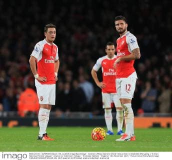 Arsenal s Mesut Ozil and Olivier Giroud look on dejected after going 1-0 down Barclays Premier League - Arsenal vs Tottenham Hotspur - Emirates Stadium - England - 8th November 2015 - Picture David Klein Sportimage EDITORIAL USE ONLY. No use with unauthorised audio, video, data, fixture lists, club league logos or live services. Online in-match use limited to 120 images, no video emulation. No use in betting, games or single club league player publications.