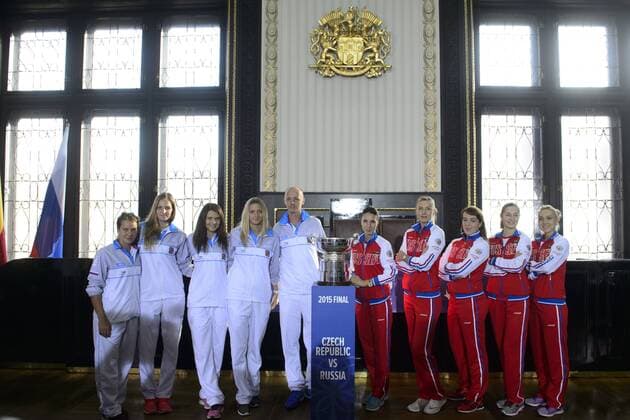 Czech Team tennis players from left Barbora Strycova, Karolina Pliskova, Lucie Safarova, Petra Kvitova, and captain Petr Pala and Russia Team Anastasia Myskinova, captain, Maria Sarapovova, Anastasija Pavljucenkovova, Jekaterina Makarovova and Jelena Vesninova pose with trophy for winner. Tennis draw of Fed Cup final 2015, Czech Republic - Russia takes place at Old Town Hall in Prague, Czech Republic, November 13, 2015. The Czech Republic-Russia Fed Cup match will be played on November 14th and 15th in Prague, Czech Republic. (CTKxPhoto MichalxKamaryt) CTKPhotoP201511130587801 kmt 3