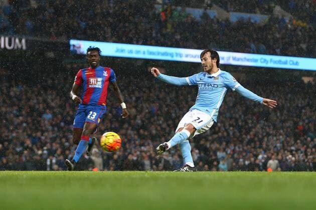 David Silva of Manchester City scores his sides fourth goal - Barclay s Premier League - Manchester City vs Crystal Palace - Etihad Stadium - Manchester - 16 01 2016 Pic Philip Oldham SportImage EDITORIAL USE ONLY. No use with unauthorised audio, video, data, fixture lists, club league logos or live services. Online in-match use limited to 120 images, no video emulation. No use in betting, games or single club league player publications.