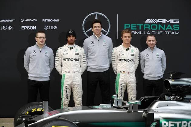 Motorsports: FIA Formula One World Championship WM Weltmeisterschaft 2016, Test in Barcelona, Mercedes W07 launch, presentation, Andy Cowell (Mercedes AMG Petronas F1 Team), 44 Lewis Hamilton (GBR, Mercedes AMG Petronas Formula One Team), Toto Wolff (AUT, Mercedes AMG Petronas Formula One Team), 6 Nico Rosberg (GER, Mercedes AMG Petronas Formula One Team), Paddy Lowe (GBR, Mercedes AMG Petronas Formula One Team), xHOCHxZWEIx