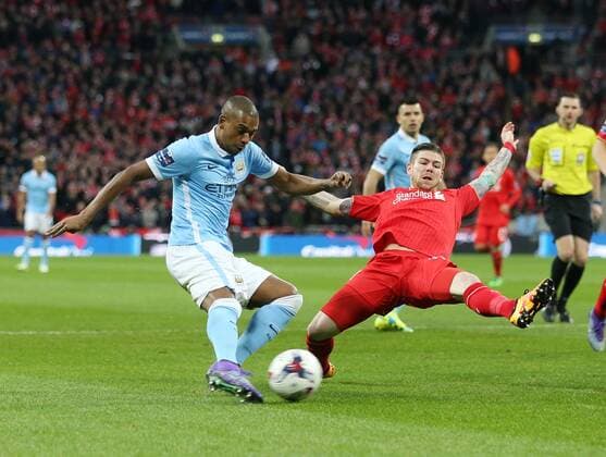 Manchester City s Fernandinho scoring his sides opening goal - Capital One Cup Final - Liverpool vs Manchester City - Wembley Stadium - London - England - 28th February 2016 - Pic David Klein Sportimage EDITORIAL USE ONLY. No use with unauthorised audio, video, data, fixture lists, club league logos or live services. Online in-match use limited to 120 images, no video emulation. No use in betting, games or single club league player publications.