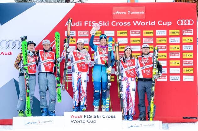 SKI CROSS - FIS SX WC Arosa AROSA,SWITZERLAND,04.MAR.16 - FREESTYLE SKIING - FIS World Cup, Ski Cross, ladies, men, award ceremony for the overall World Cup. Image shows Marielle Thompson, Christopher Delbosco (CAN), Jean Frederic Chapuis (FRA), Anna Holmlund (SWE), Alizee Baron (FRA) and Brady Leman (CAN). Keywords: crystal globe. Keywords: trophy. GEPAxpictures xOliverxLerch