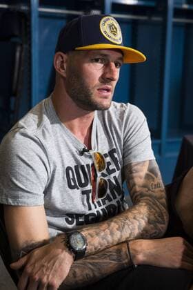 February 25, 2015 - Carson, California, United States: The LA Galaxy newly acquired Belgian defender Jelle Van Damme is photographed in a locker room at the StubHub Center, a multiple-use sports complex located on the campus of California State University, Dominguez Hills, 10 miles south of Downtown Los Angeles. The $150 million complex was developed and is operated by the Anschutz Entertainment Group. With a set capacity of 27,000, it is the second-largest soccer-specific stadium in Major League Soccer. Its primary tenant is LA Galaxy. Van Damme captained Standard Liege, for which he made 205 appearances since joining the team in 2011. He has also had stints with Germinal Beerschot (Belgium), Ajax (Netherlands), Southampton (England), Werder Bremen (Germany), Anderlecht (Belgium) and Wolverhampton Wanderers (England) and has made 30 appearances for the Belgium national team Nationalteam While at Anderlecht he was involved in a controversial racial incident when U.S. national team defender Oguchi Onyewu, an African American then with Standard Liege, accused Van Damme of calling him a dirty monkey. Onyewu sued Van Damme but the case was withdrawn after the players met and Van Damme apologized. Van Damme can play both on the back line and in the midfield. (Nancy Pastor Polaris) PICTURE NOT INCLUDED IN THE CONTRACTS local caption 05389699 Belgian defender Jelle Van Damme joins LA Galaxy PhotoNews Polaris, 05389699