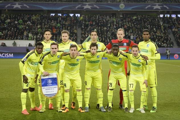 (top), Gent s Rami Gershon, Gent s Lasse Nielsen, Gent s Rafinha Rafael Scapini de Almeida, Gent s goalkeeper Matz Sels, Gent s Renato Neto (down), Gent s Moses Simon, Gent s Sven Kums, Gent s Brecht Dejaegere, Gent s Thomas Matton, Gent s Nana Asare and Gent s Danijel Milicevic pictured at the start of a soccer game between German team VfL Wolfsburg and Belgian club KAA Gent, the return game of the 1 8 final s of the UEFA Champions League competition, Tuesday 08 March 2016 in Wolfsburg, Germany. Wolfsburg won the first leg 2-3. YORICKxJANSENS x04807273x