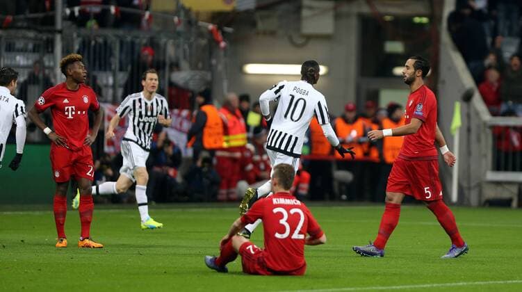 FC Bayern München - Juventus Turin Deutschland, München, 16.03.2016, Fussball, UEFA Champions League, Saison 2015 2016, Achtelfinale, Rückspiel, FC Bayern München - Juventus Turin: v.l. David Alaba, Joshua Kimmich (beide FC Bayern München), Paul Pogba (Juventus Turin), Medhi Benatia (FC Bayern München); Jubel Tor 0:1 Pogba.