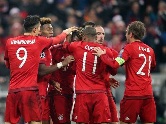 München, Fussball, Herren, UEFA Champions League, Saison 2015 2016, Achtelfinale FC Bayern München - Juventus Turin, 16.03.2016, Allianzarena München, Robert Lewandowski, David Alaba, Coman Kingsley, Franck Ribery, Doglas Costa, Philip Lahm alle , FC Bayern München jubel