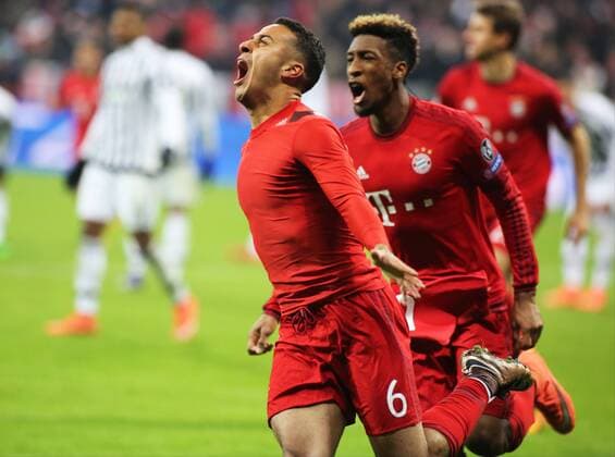 Fussball, Champions League, 2015 2016, Herren, Achtelfinale, Rückspiel, 16.03.2016, FC Bayern München - Juventus Turin 4-2, nach Verlängerung, v.l. Aktion, Freude, jubeln, Jubel nach Tor zum 4-2, Torschuetze Thiago Alcantara, FC Bayern München, Kingsley Coman, FC Bayern München, xklausxschillingerx