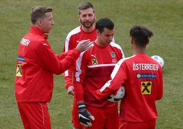 Fußball, Training Nationalteam Österreich SOCCER - AUT vs ALB, test match, preview STEGERSBACH,AUSTRIA,23.MAR.16 - SOCCER - OEFB international match Länderspiel Austria vs Albania, friendly match, preview, training team AUT. Image shows Marc Janko, Guido Burgstaller, Heinz Lindner and Rubin Okotie (AUT). GEPAxpictures xChristianxOrt