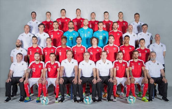 SOCCER - OEFB, team photo shoot OBERWART,AUSTRIA,22.MAR.16 - SOCCER - OEFB, Oesterreichischer Fussball-Bund, team photo shooting. Image shows in 1st row: team doctor Richard Eggenhofer, Jakob Jantscher, Zlatko Junuzovic, goalkeeper coach Klaus Lindenberger, head coach Marcel Koller, assistant coach Thomas Janeschitz, Markus Suttner, Martin Harnik and athletic coach Roger Spry; in 2nd row: physical therapist Christoph Ogris, Aleksandar Dragovic, Florian Klein, David Alaba, Gyoergy Garics, Julian Baumgartlinger, Christian Fuchs, Rubin Okotie, Alessandro Schoepf and mental coach Thomas Graw; in 3rd row: equipment manager Walter Lachnit, Gerhard Zallinger, Lukas Hinterseer, Ramazan Oezcan, Robert Almer, Heinz Lindner, Guido Burgstaller, physical therapist Mike Steverding and sporting director Willi Ruttensteiner; in 4th row: physical therapist Michael Vetorazzi, Martin Hinteregger, Sebastian Proedl, Marc Janko, Stefan Ilsanker, Kevin Wimmer, Marko Arnautovic and equipment manager Jovo Marjanovic (AUT). Keywords: teamphoto, UEFA European Championship EM Europameisterschaft 2016 in France, preview. Picture shot with a Canon EOS-1D X Mark II sample. GEPAxpictures xChristianxWalgram