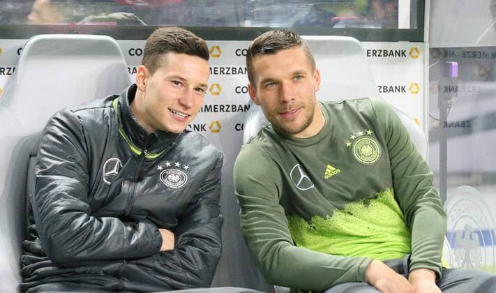 Berlin, Fussball, Soccer, DFB, Länderspiel, Testspiel, Freundschaftsspiel, Deutschland - England, 26.03.2016, Olympiastadion Berlin, JUlian Draxler, Lukas Podolski beide Deutschland,