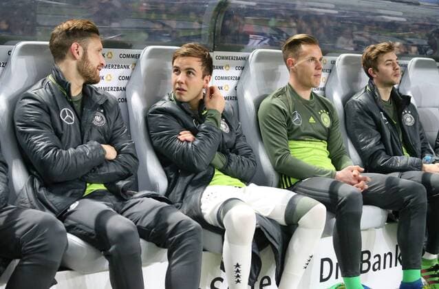 Berlin, Fussball, Soccer, DFB, Länderspiel, Testspiel, Freundschaftsspiel, Deutschland - England, Shkodran Mustafi, Mario Götze, Marc Andre Ter Stegen, Christoph Kramer alle Deutschland, auf der Bank, 26.03.2016, Olympiastadion Berlin,