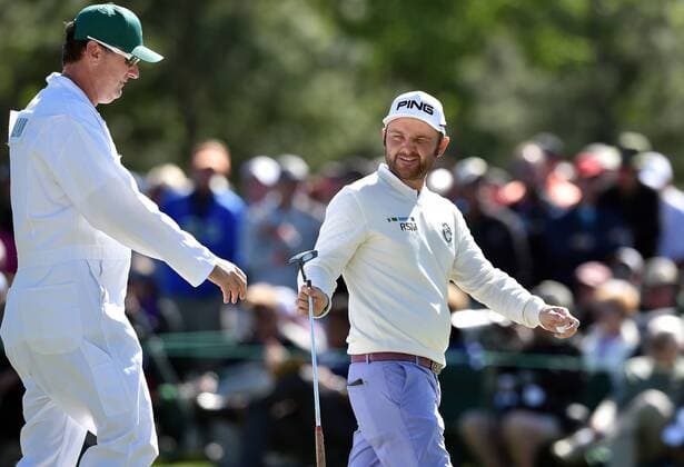 April 7, 2016 - Augusta, GA, USA - Andy Sullivan walks off on the second green, with his caddie, Sean McDonagh, during the first round of the Masters Golf Tournament on Thursday, April 7, 2016, at Augusta National Golf Club in Augusta, Ga. Master s - ZUMAm67_