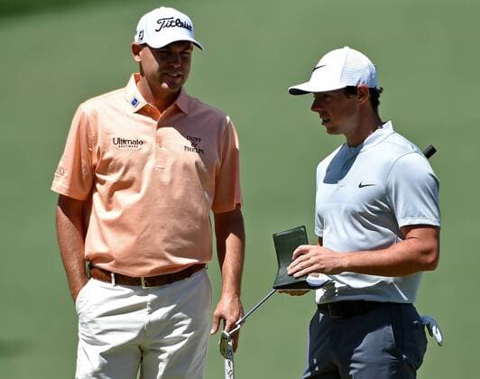 April 8, 2016 - Augusta, GA, USA - Bill Haas, left, and Rory McIlroy, right, wait to putt on the 7th green during the second round of the 80th Masters at the Augusta National Golf Club on Friday, April 8, 2016, in Augusta, Ga. Masters Tournament - ZUMAm67_