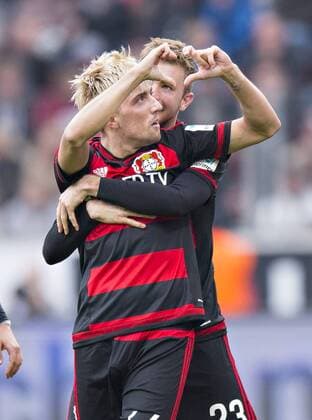 Leverkusen, 16.04.2016, BayArena Torjubel: Kevin Kampl (Bayer), Christoph Kramer (Bayer) Bayer Leverkusen - Eintracht Frankfurt mm