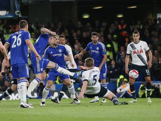 Chelsea s Gary Cahill scoring his sides opening goal during the Barclays Premier League match at Stamford Bridge Stadium. Photo credit should read: David Klein Sportimage EDITORIAL USE ONLY. No use with unauthorised audio, video, data, fixture lists, club league logos or live services. Online in-match use limited to 120 images, no video emulation. No use in betting, games or single club league player publications.