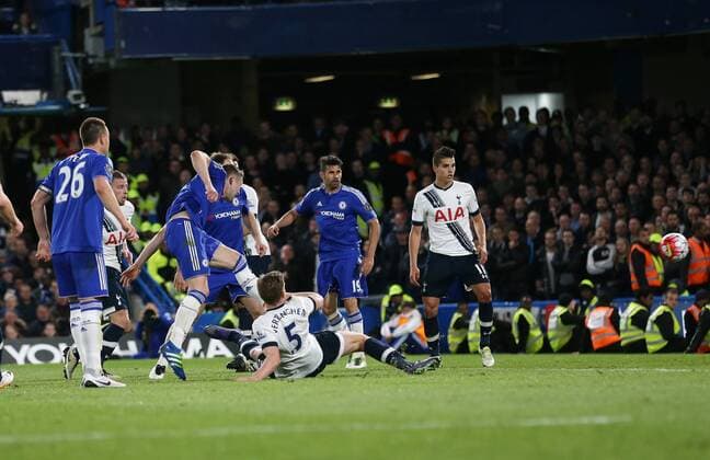 Chelsea s Gary Cahill scoring his sides opening goal during the Barclays Premier League match at Stamford Bridge Stadium. Photo credit should read: David Klein Sportimage EDITORIAL USE ONLY. No use with unauthorised audio, video, data, fixture lists, club league logos or live services. Online in-match use limited to 120 images, no video emulation. No use in betting, games or single club league player publications.