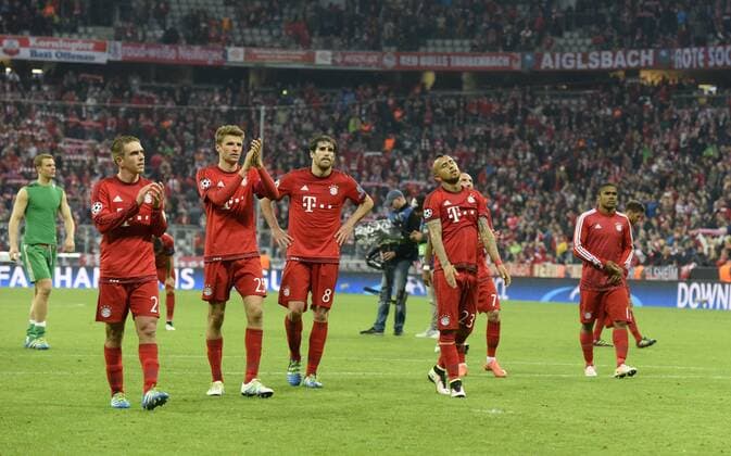 03.05.2016, Fussball UEFA Champions League 2015 2016, Halbfinale, Rückspiel, FC Bayern München - Atletico Madrid, in der Allianz-Arena München, Frust bei den Bayern nach dem Ausscheiden. v.li: Philipp Lahm (FC Bayern München), Thomas Müller (FC Bayern München), Javi Martinez (FC Bayern München), Arturo Vidal (FC Bayern München),