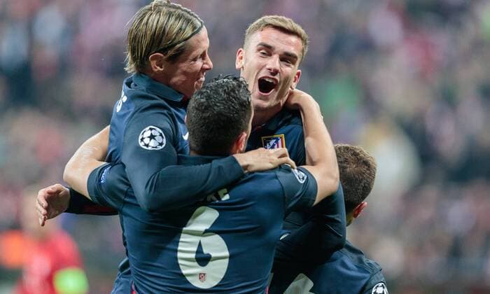 03.05.2016, Allianz Arena, Muenchen, GER, UEFA CL, FC Bayern Muenchen vs Atletico Madrid, Halbfinale, Rueckspiel, im Bild Torjubel Atletico nach dem 1:1 durch Antoine Griezmann (Atletico Madrid), Fernando Torres (Atletico Madrid), Koke (Atletico Madrid) Goal Celebration Atletico Antoine Griezmann (Atletico Madrid) scores Fernando Torres (Atletico Madrid) Koke (Atletico Madrid) during the UEFA Champions League semi Final, 2nd Leg match between FC Bayern Munich and Atletico Madrid at the Allianz Arena in Muenchen, Germany on 2016 05 03. Muenchen EP_fei