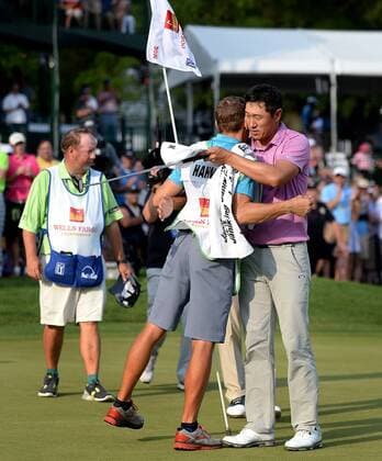 May 8, 2016 - Charlotte, NC, USA - James Hahn, right, hugs his caddie, Mark Urbanek, following his victory over Roberto Castro in the Wells Fargo Championship on Sunday, May 8, 2016, at Quail Hollow Club in Charlotte, N.C. Wells Fargo Championship - ZUMAm67_