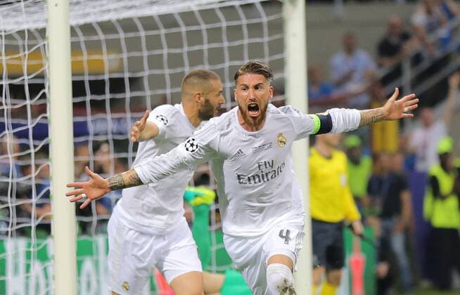Sergio RAMOS, Real Madrid 4 Torjubel, Jubel nach dem Tor zum 1-0 Jubel, Freude, Emotionen, Feiern, Lachen, jubelt, freuen, reisst die Arme hoch, ballt die Faust REAL MADRID - ATLETICO MADRID Fussball UEFA Champions League, Final, Milano, Italy, June 28th, 2016 CL Saison 2015 2016