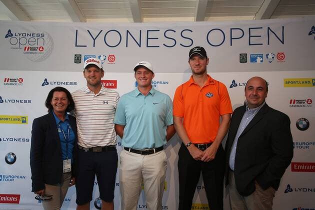 GOLF - PGA Golf Herren Lyoness Open, preview ATZENBRUGG,AUSTRIA,07.JUN.16 - GOLF - PGA European Tour, Lyoness Open, Diamond Country Club, preview, press conference PK Pressekonferenz Image shows Silvia Kelemen Weihs (Lyoness), Bernd Wiesberger (AUT), Chris Wood (GBR), Sepp Straka (AUT) and CEO Ali A. Al-Khaffaf (Golf Open Event GmbH). GEPAxpictures xDanielxGoetzhaber