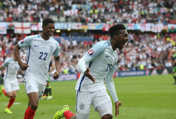 Daniel Sturridge of England celebrates scoring the winning goal during the UEFA European Championship EM Europameisterschaft 2016 match at the Stade Felix Bollaert-Delelis, Lens. Picture date June 16th, 2016 Pic David Klein Sportimage EDITORIAL USE ONLY. No use with unauthorised audio, video, data, fixture lists, club league logos or live services. Online in-match use limited to 120 images, no video emulation. No use in betting, games or single club league player publications.