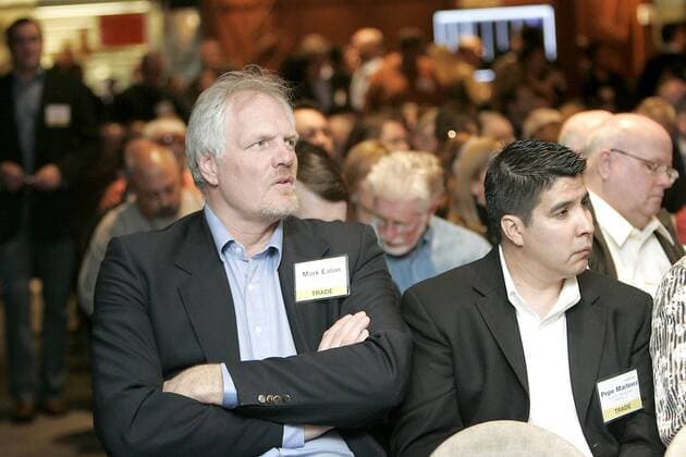 Feb. 20, 2010 - St. Helena, California, USA - SATURDAY, FEBRUARY 20, 2010 - ST. HELENA, CA. - ..Former NBA Basketball Herren USA player Mark Eaton, left, listens to bidding during Premiere Napa Valley 2010. Eaton, who played for the Utah Jazz, was representing his Salt Lake City area restaurants, Franck s and Tuscany, at the Napa Valley Vintners invitational barrel auction for the wine trade. Premiere Napa Valley was held at the Culinary Institute of America in St. Helena... Premiere Napa Valley 2010 - ZUMAna3_