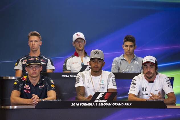 From L to R, Up, Russian Daniil Kvyat of Infiniti Red Bull Racing, French Romain Grosjean of Lotus F1 Team, Esteban Ocon of Manor Racing MRT F1 Team and down, L-R, Dutch Max Verstappen of Scuderia Toro Rosso, British Lewis Hamilton of Mercedes AMG Petronas F1 Team and Spanish Fernando Alonso of McLaren-Honda pictured during a press conference PK Pressekonferenz at the Grand Prix F1 of Belgium, in Spa-Francorchamps, Thursday 25 August 2016. The Spa-Francorchamps Formula One Grand Prix takes place this weekend, from August 26 until August 28. NICOLASxLAMBERT x04918407x