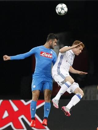 September 13, 2016 - Kiev, Ukraine - VIKTOR TSYGANKOV(R) of Dynamo vies for the ball against ELSEID HYSAJ (L) of Napoli,during the UEFA Champions League,group B, soccer match between Dynamo Kyiv and SSC Napoli,at the Olimpiyskiy stadium,in Kiev, Ukraine, on13 September,2016. SOCCER2016 - FC Dynamo Kyiv v SSC Napoli - UEFA Champions League - ZUMAg194