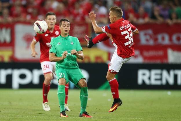 UEFA Europa League, 1. FSV Mainz 05 - AS St. Etienne, 1. Spieltag, Gruppenphase, Gruppe C, Saison 2016 2017 , 15.09.2016 in Mainz (GER), xmdx, Romain HAMOUMA (21, St. Etienne), Pablo DE BLASIS (32, Mainz 05) 1. FSV Mainz 05 - AS St. Etienne