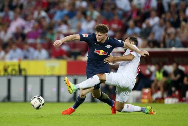 1.FC Koeln - RB Leipzig Fußball Bundesliga Köln, 25.09.2016, Rheinenergiestadion, Fußball, 1.BL, GER, 5.Spieltag , 1. FC Köln vs. RB Leipzig 1:1 (1:1) , Im Bild, v.l.: Oliver Jasen Burke (RB Leipzig) und Mergim Mavraj (Koeln) ,