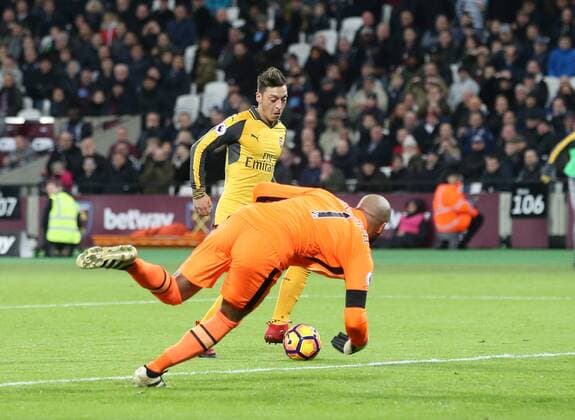 Arsenal s Mesut Ozil scoring his sides opening goal during the Premier League match at the London Stadium, London. Picture date December 3rd, 2016 Pic David Klein Sportimage EDITORIAL USE ONLY. No use with unauthorised audio, video, data, fixture lists, club league logos or live services. Online in-match use limited to 120 images, no video emulation. No use in betting, games or single club league player publications.