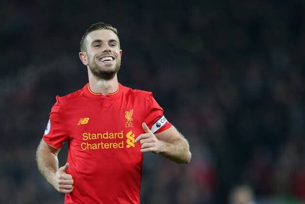 Liverpool s Jordan Henderson celebrates his sides fourth goal during the Premier League match at Anfield Stadium, Liverpool. Picture date December 27th, 2016 Pic David Klein Sportimage EDITORIAL USE ONLY. No use with unauthorised audio, video, data, fixture lists, club league logos or live services. Online in-match use limited to 120 images, no video emulation. No use in betting, games or single club league player publications.
