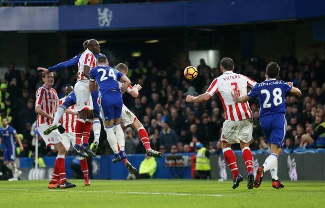 Chelsea s Gary Cahill scoring his sides opening goal during the Premier League match at Stamford Bridge Stadium, London. Picture date December 31st, 2016 Pic David Klein Sportimage EDITORIAL USE ONLY. No use with unauthorised audio, video, data, fixture lists, club league logos or live services. Online in-match use limited to 120 images, no video emulation. No use in betting, games or single club league player publications.