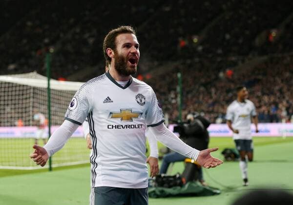 Manchester United ManU s Juan Mata celebrates scoring his sides opening goal during the Premier League match at the London Stadium, London. Picture date January 2nd, 2017 Pic David Klein Sportimage EDITORIAL USE ONLY. No use with unauthorised audio, video, data, fixture lists, club league logos or live services. Online in-match use limited to 120 images, no video emulation. No use in betting, games or single club league player publications.