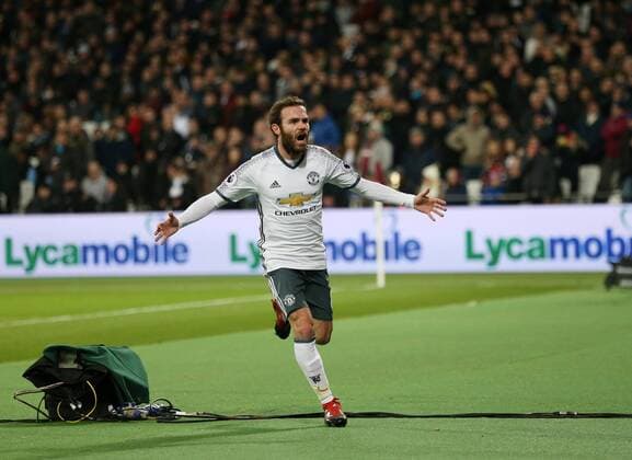 Manchester United ManU s Juan Mata celebrates scoring his sides opening goal during the Premier League match at the London Stadium, London. Picture date January 2nd, 2017 Pic David Klein Sportimage EDITORIAL USE ONLY. No use with unauthorised audio, video, data, fixture lists, club league logos or live services. Online in-match use limited to 120 images, no video emulation. No use in betting, games or single club league player publications.