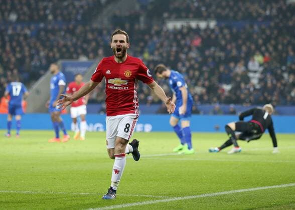 Manchester United ManU s Juan Mata celebrates scoring his sides third goal during the Premier League match at the King Power Stadium, Leicester. Picture date February 5th, 2017 Pic David Klein Sportimage EDITORIAL USE ONLY. No use with unauthorised audio, video, data, fixture lists, club league logos or live services. Online in-match use limited to 120 images, no video emulation. No use in betting, games or single club league player publications.